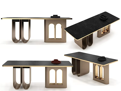 Elegant Modern Dining Table With Black Marble Top And Brass Arch Shaped Legs 3d model