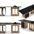 Elegant Modern Dining Table With Black Marble Top And Brass Arch Shaped Legs