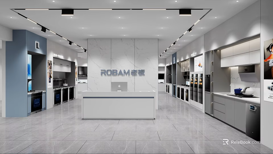 Modern ROBAM Specialty Store With Kitchen Appliances Cabinets Counter And Marble Wall 3d model 