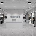 Modern ROBAM Specialty Store With Kitchen Appliances Cabinets Counter And Marble Wall