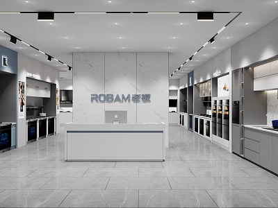 Modern ROBAM Specialty Store With Kitchen Appliances Cabinets Counter And Marble Wall 3d model