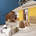 Kids Living Room With Yellow Walls Blue Sloped Ceiling Moon Cloud Decor And Rocking Horse