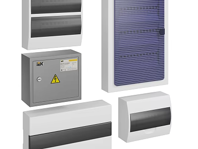 Various Industrial Electrical Enclosures With Warning Signs And Control Panels 3d model