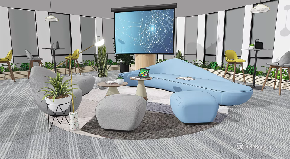Modern Lounge Area With Blue Sofa Gray Ottomans Projector Screen Yellow Chairs And Plants 3d model 