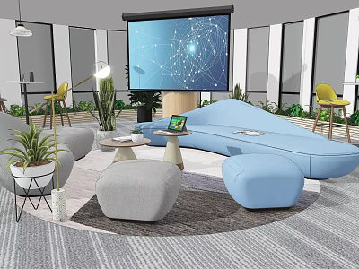 Modern Lounge Area With Blue Sofa Gray Ottomans Projector Screen Yellow Chairs And Plants 3d model