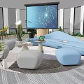 Modern Lounge Area With Blue Sofa Gray Ottomans Projector Screen Yellow Chairs And Plants