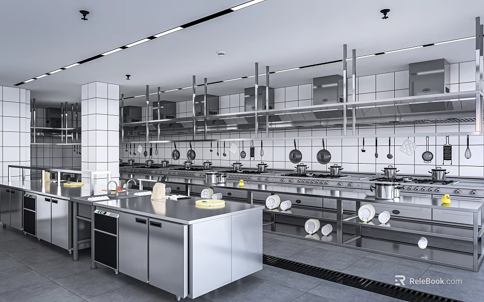 Stainless Steel Commercial Kitchen Setup With Large Workstations Hanging Racks And Kitchen Utensils 3d model 