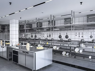 Stainless Steel Commercial Kitchen Setup With Large Workstations Hanging Racks And Kitchen Utensils 3d model