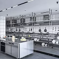 Stainless Steel Commercial Kitchen Setup With Large Workstations Hanging Racks And Kitchen Utensils