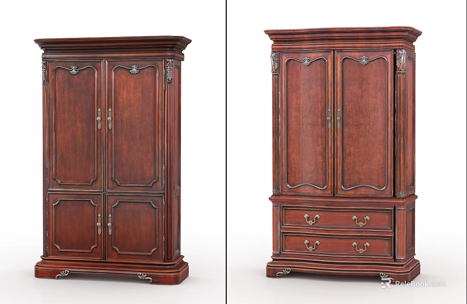 Elegant Classic Dark Wooden Wardrobe With Carved Details And Drawer Compartments 3d model 
