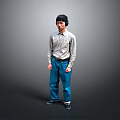 Man in Light Long Sleeve Shirt and Blue Jeans Standing with Headphones Against Gray Background