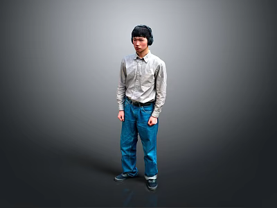 Man in Light Long Sleeve Shirt and Blue Jeans Standing with Headphones Against Gray Background 3d model