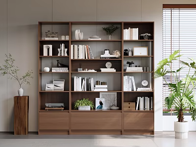 Modern Wooden Bookshelf With Multiple Shelves Drawers Books Decorative Items And Potted Plants 3d model