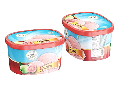 Creamy Guava Ice Cream In Red And Blue Tub Containers With Fresh Fruit Design 3d model