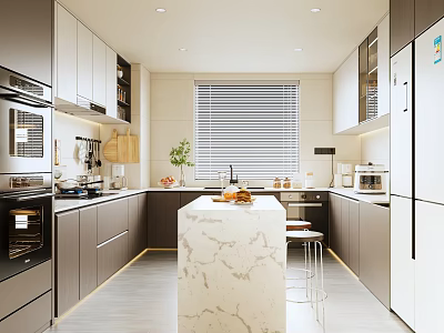 Modern Open Kitchen Interior With Marble Island Counter Cabinets And Appliances 3d model