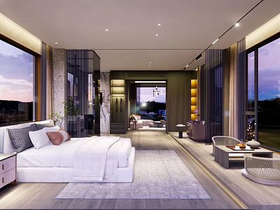 Modern Hotel Guest Room With King Size Bed Floor to Ceiling Windows And Scenic View 3d model