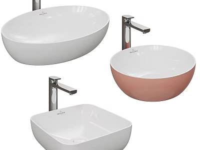 Stylish Modern Washbasins in Various Shapes with White Pink Colors and Chrome Faucets 3d model