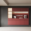 Modern Red Sideboard With LED Lighting Glass Doors Storage Cabinets And Coffee Machine
