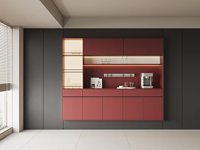 Modern Red Sideboard With LED Lighting Glass Doors Storage Cabinets And Coffee Machine 3d model