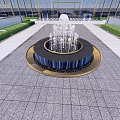 Water Feature Fountain In Modern Architectural Complex With Green Roof And Open Plaza