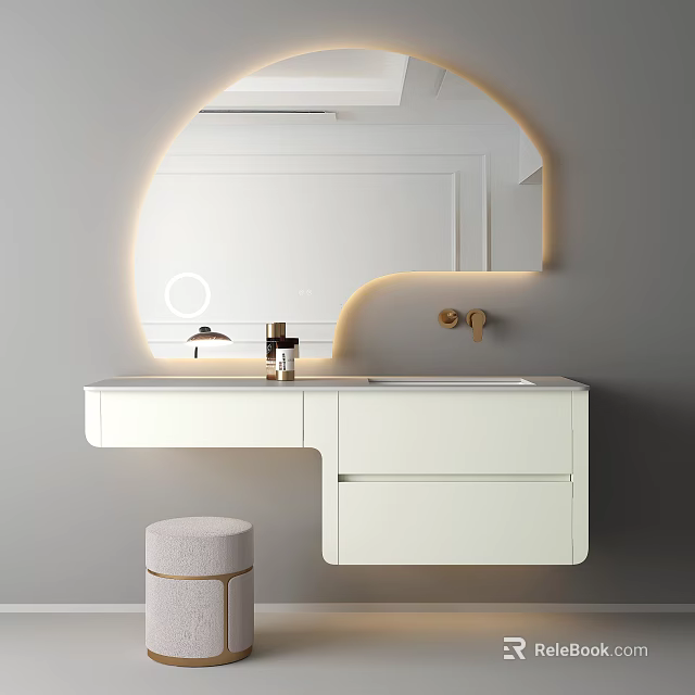 Modern Bathroom Washbasin Vanity With White Cabinet Round Mirror Lighting And Stool 3d model 