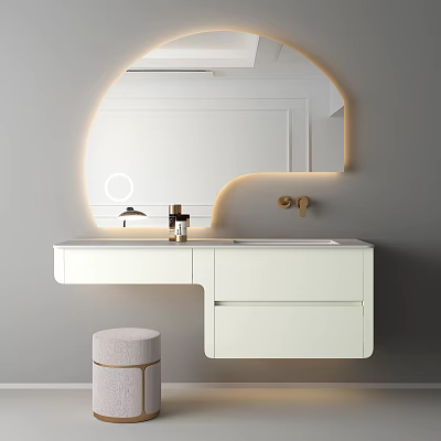 Modern Bathroom Washbasin Vanity With White Cabinet Round Mirror Lighting And Stool 3d model