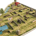 Lush Campsite Featuring Grassland Tents Fences Stream Trees Vehicles And Wooden House