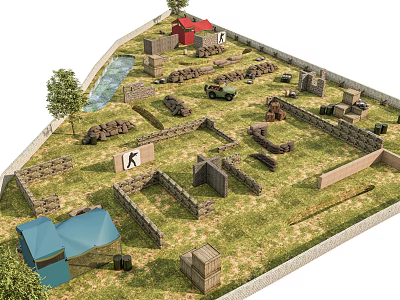 Lush Campsite Featuring Grassland Tents Fences Stream Trees Vehicles And Wooden House 3d model