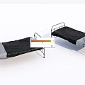Single Bed Featuring Metal Frame Black Mattress and Gray Messy Bedding