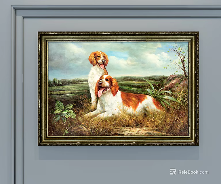 Framed Animal Painting With Two Dogs Standing And Lying On Grassland Sky Clouds Plants Rocks 3d model 