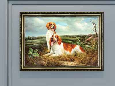 Framed Animal Painting With Two Dogs Standing And Lying On Grassland Sky Clouds Plants Rocks 3d model