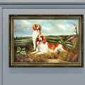 Framed Animal Painting With Two Dogs Standing And Lying On Grassland Sky Clouds Plants Rocks