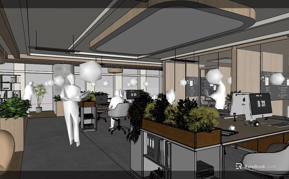 Modern Public Office Space Featuring Open Layout Green Plants Hanging Lights And Work Desks 3d model 