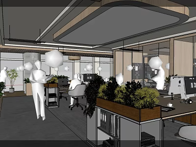 Modern Public Office Space Featuring Open Layout Green Plants Hanging Lights And Work Desks 3d model