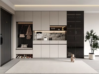 Modern Shoe Cabinet Interior Design With Clothing Hanging Area Shoe Bench Storage And Potted Plant 3d model