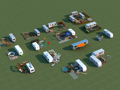 Various RVs Arranged In Green Grass Campsite With Camping Equipment And Facilities 3d model