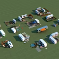 Various RVs Arranged In Green Grass Campsite With Camping Equipment And Facilities