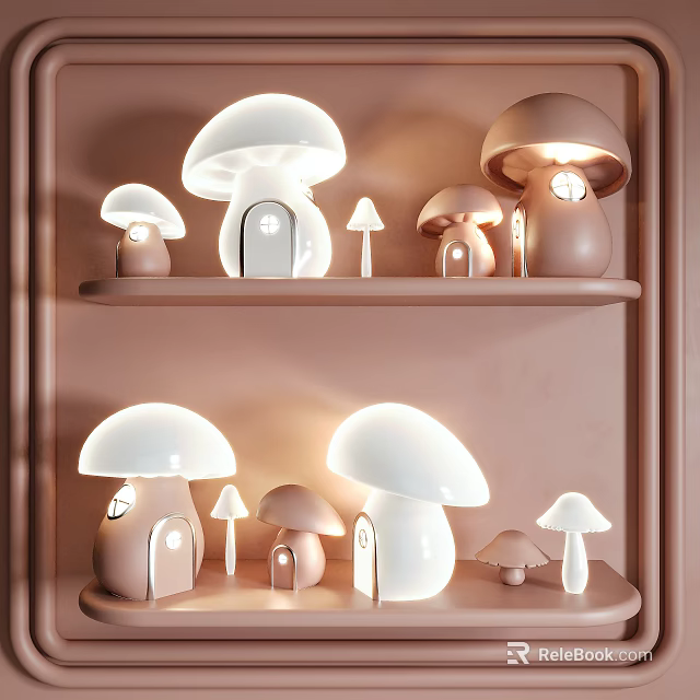 Cute Mushroom Shaped Table Lamps In Different Sizes On Shelf 3d model 