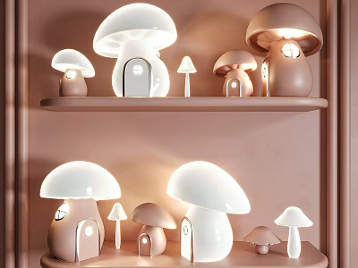 Cute Mushroom Shaped Table Lamps In Different Sizes On Shelf 3d model
