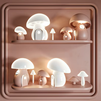 Cute Mushroom Shaped Table Lamps In Different Sizes On Shelf 3d model
