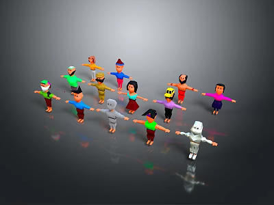 Game and Movie Characters Colorful Cartoon Figures Standing in a Circle Gray Background 3d model