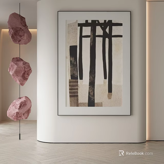 Abstract Painting On White Wall With Hanging Pink Stones In Modern Interior Decor 3d model 