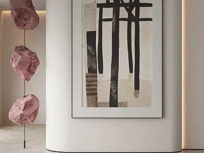 Abstract Painting On White Wall With Hanging Pink Stones In Modern Interior Decor 3d model