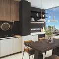 Modern Living and Dining Room Interior With Beige Sofa And Marble Coffee Table