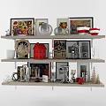 Decorative Ornament Combination On Multi Tiered Shelf With Colorful Frames Model Ornaments And Metal Decor