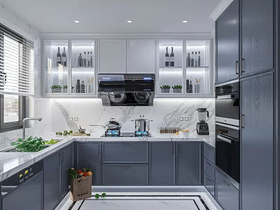Modern Kitchen Interior With Gray White Cabinets Marble Countertop And Appliances 3d model