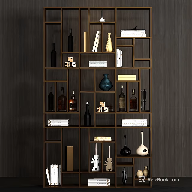 Modern Decorative Cabinet With Multi Tiered Shelves Holding Bottles Books Vases And Decor Items 3d model 
