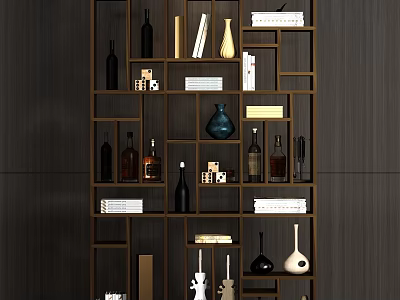 Modern Decorative Cabinet With Multi Tiered Shelves Holding Bottles Books Vases And Decor Items 3d model