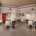 Modern Restaurant Interior With Red Decor Open Kitchen Menu Display Dining Tables And Chairs