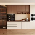 Modern Wine Cabinet with Glass Doors Featuring Wine Bottles Glasses and Wooden Cabinets in Kitchen Area